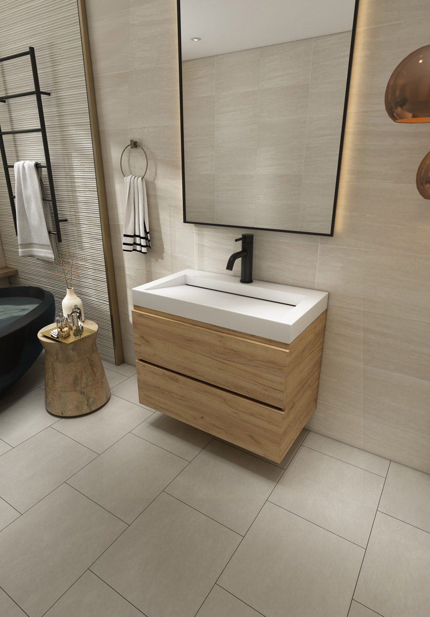 Fontana Elena badkamermeubel 80cm warm eiken met solid surface wastafel 1 kraangat
