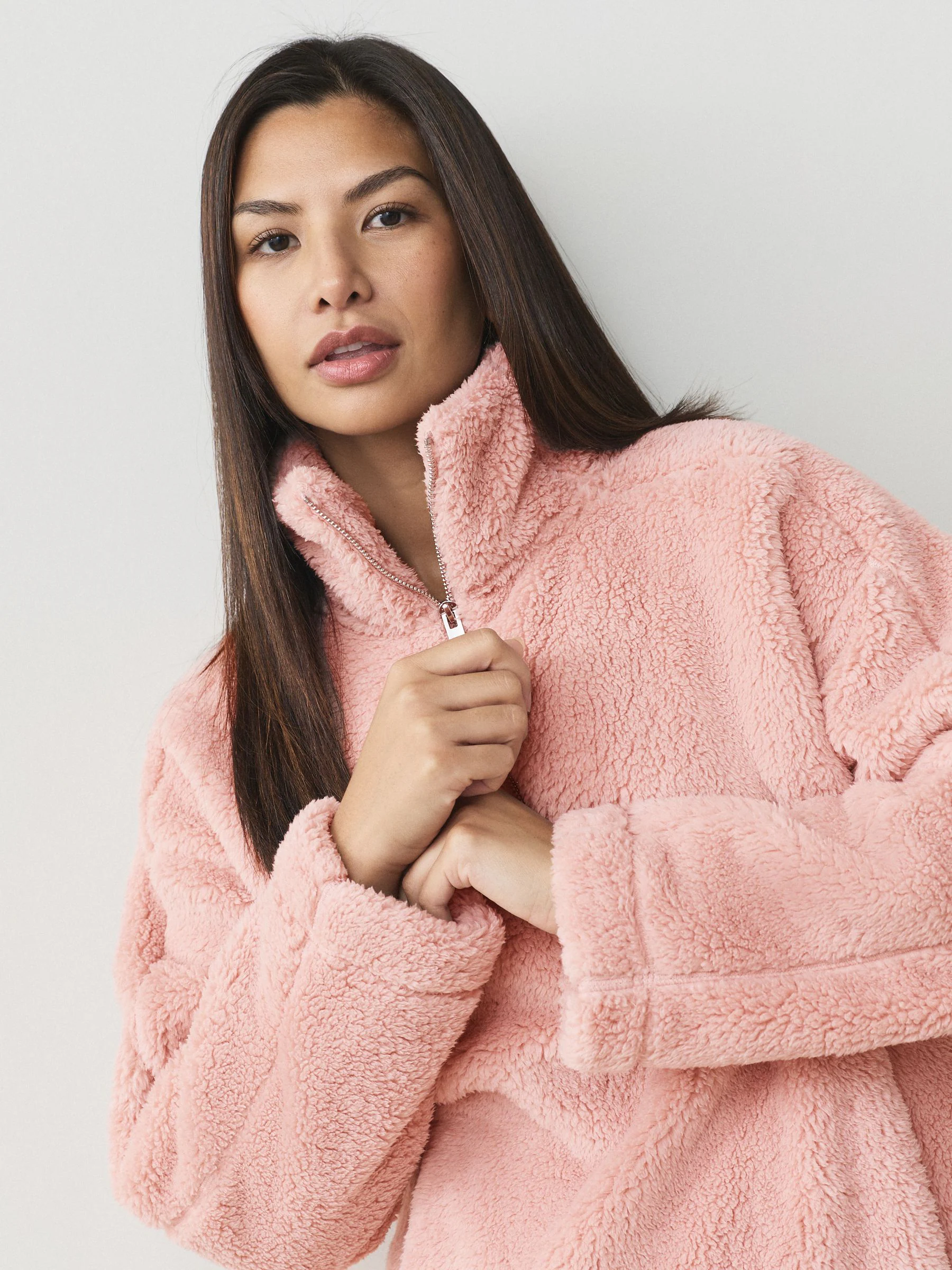 Roze - Borg fleece met korte rits