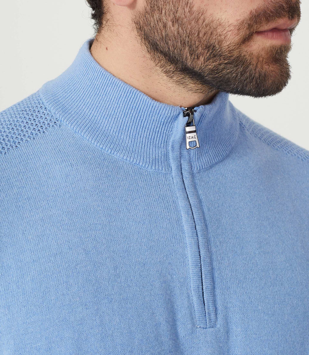 Pull col zippé coton-cachemire bleu ciel 