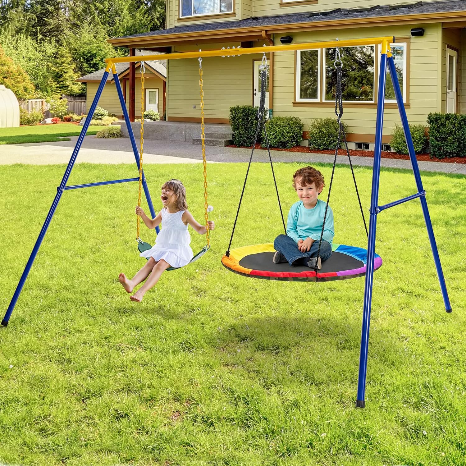 KOMFOTTEU Doppelschaukel mit Schaukelgestell, Nestschaukel Kinderschaukel Outdoor mit Metall Gestell, Kinder Schaukel bis 300 kg belastbar, Gartenschaukel für Garten Hof Park, Blau + Gelb