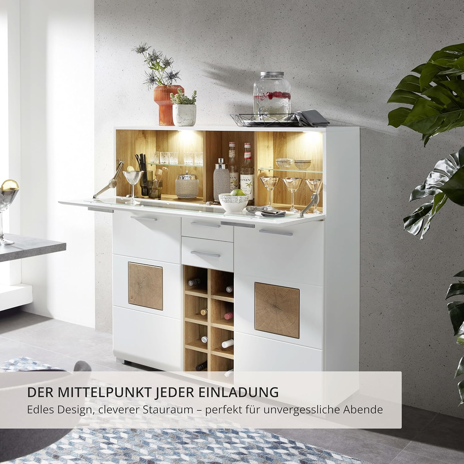 10A1WW22 Fun Plus Weiß/Eiche Altholz Nb. Barschrank Bar Kommode Theke Sideboard Getränke ca. 120 x 129 x 37 cm