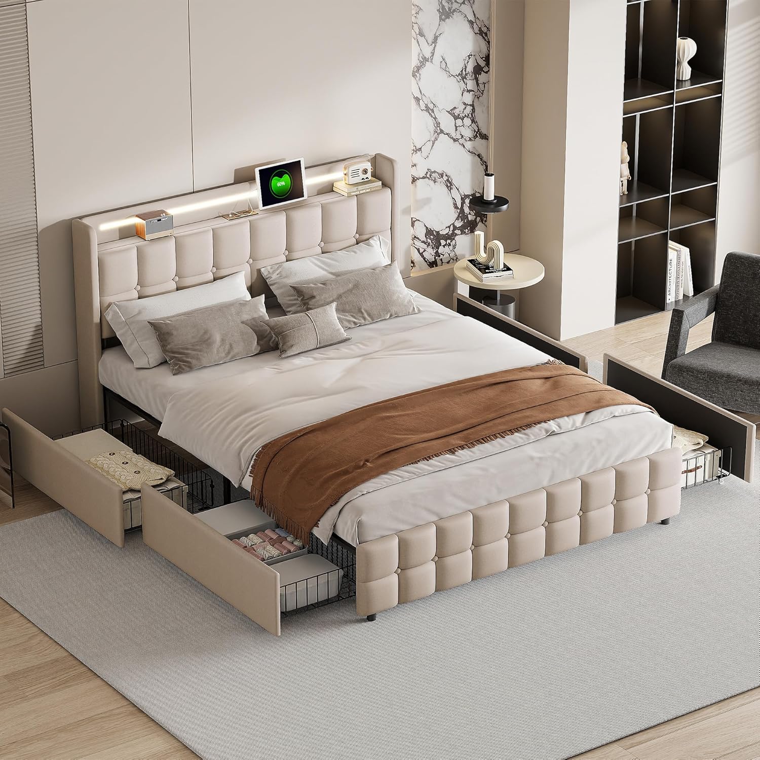 Doppelbett 180x200,Stauraumbett,Betten mit LED-Beleuchtung und 4 Schubladen, Polsterbett mit Stauraum, Jugendbett mit Aufladen USB Ladefunktion Kopfteil,Lattenrost aus Holz (Beige)