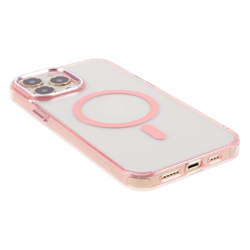 iPhone 14 Pro MagSafe Gummi Case Hülle mit Glitzer Aluminium Kameraschutz - Rosa / Transparent