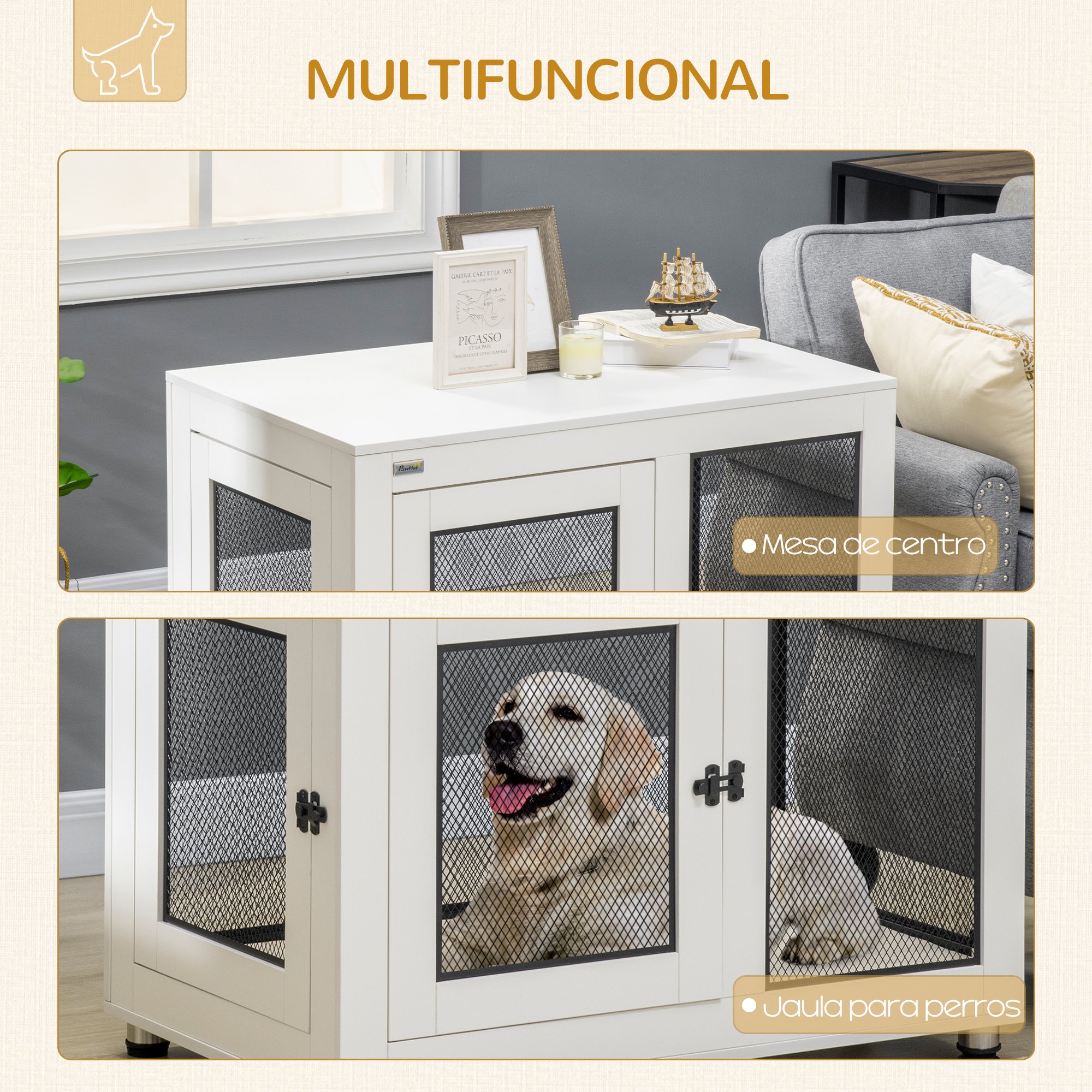 Mesa de centro PawHut em madeira, com formato de gaiola para cães, dimensões de 94x60x71,5 cm, estilo móvel, com 2 portas com fecho, almofada em tecido Oxford e grades de aço, na cor branca.