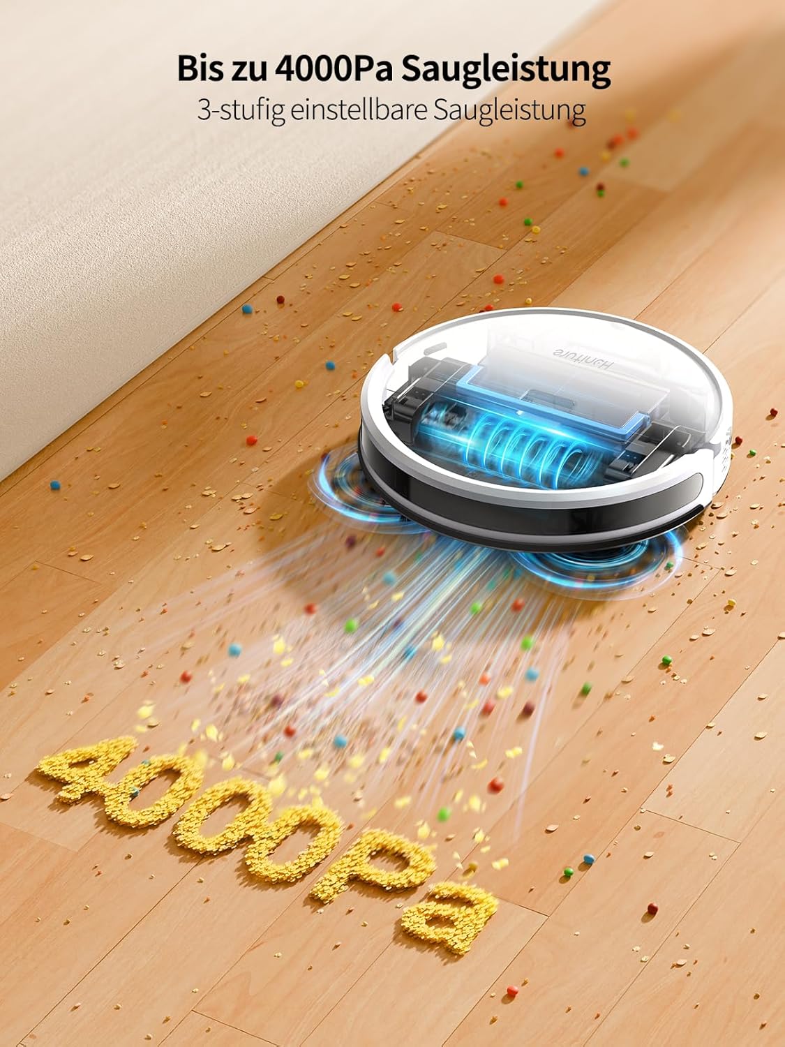HONITURE Saugroboter mit Wischfunktion, G20 Staubsauger Roboter mit 4000Pa Starke Saugkraft, Kehren Saugen Wischen 3 in 1 Roboterstaubsauger, für Tierhaare, Teppiche, Hartböden, Sprach, Fernbedienung