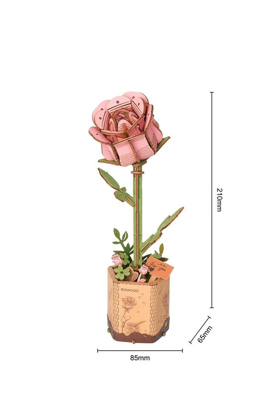 (104-tlg. Set) Rowood 3D Holz Puzzle DIY Modell Bausatz Home Deko Blume für Erwachsene (TW041) - Pinke Rose