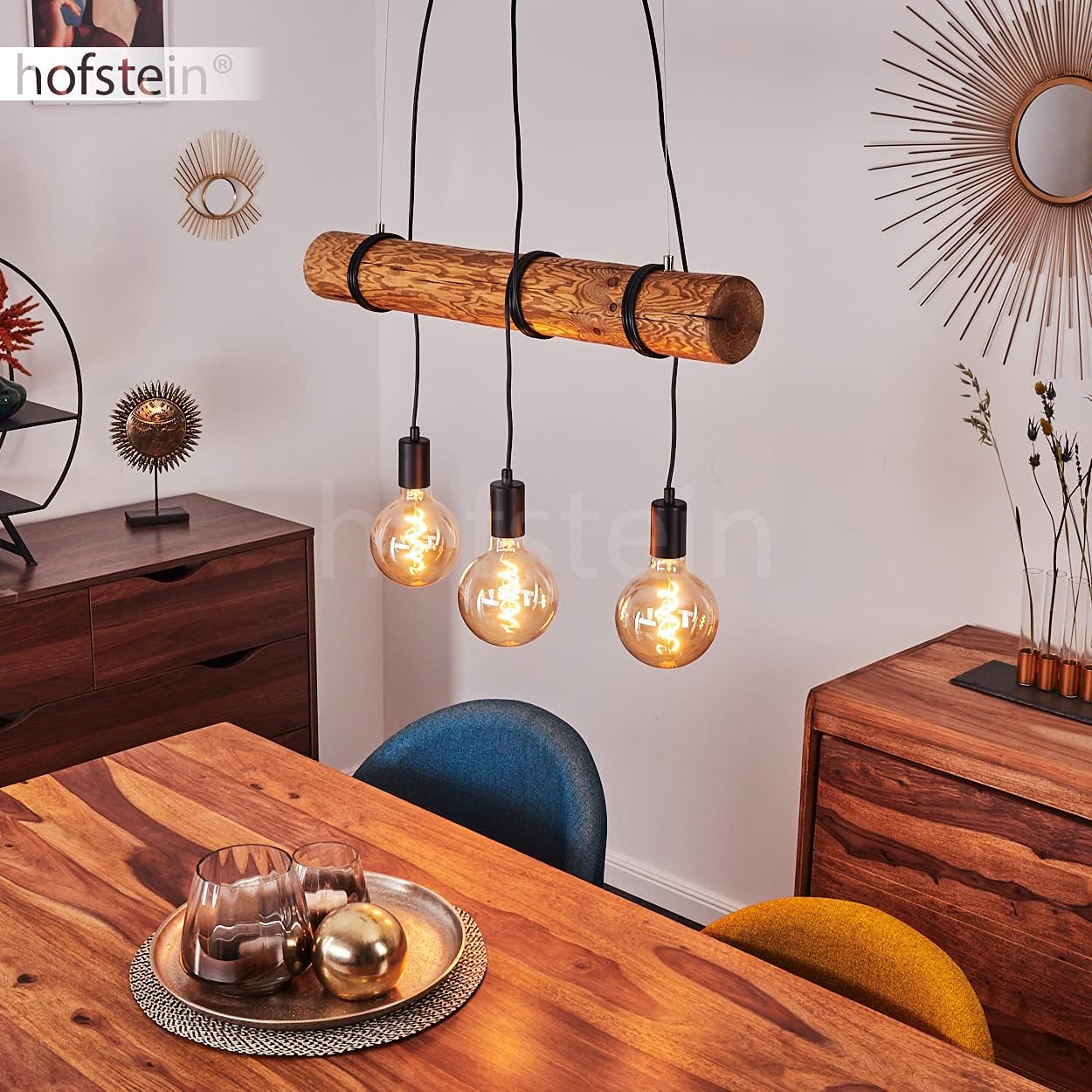 Pendelleuchte Canedo, 3-flammige Hängelampe aus Metall/Holz in Schwarz/Braun im skandinavischen Design, Hängeleuchte mit Holzstab und Fassungen aus Metall, 3 x E27, ohne Leuchtmittel