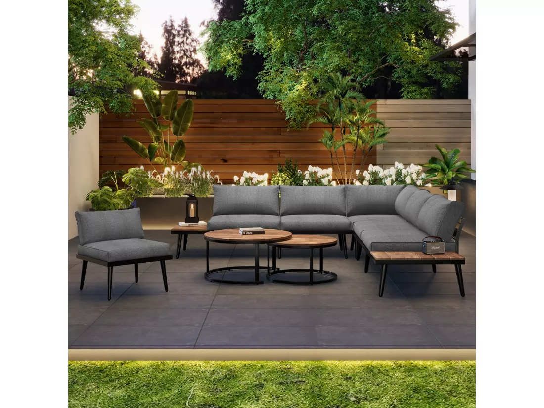 Salon de jardin 5 à 6 personnes, avec cadre en fer galvanisé et bois Acacia, canapé modulable + tables gigognes