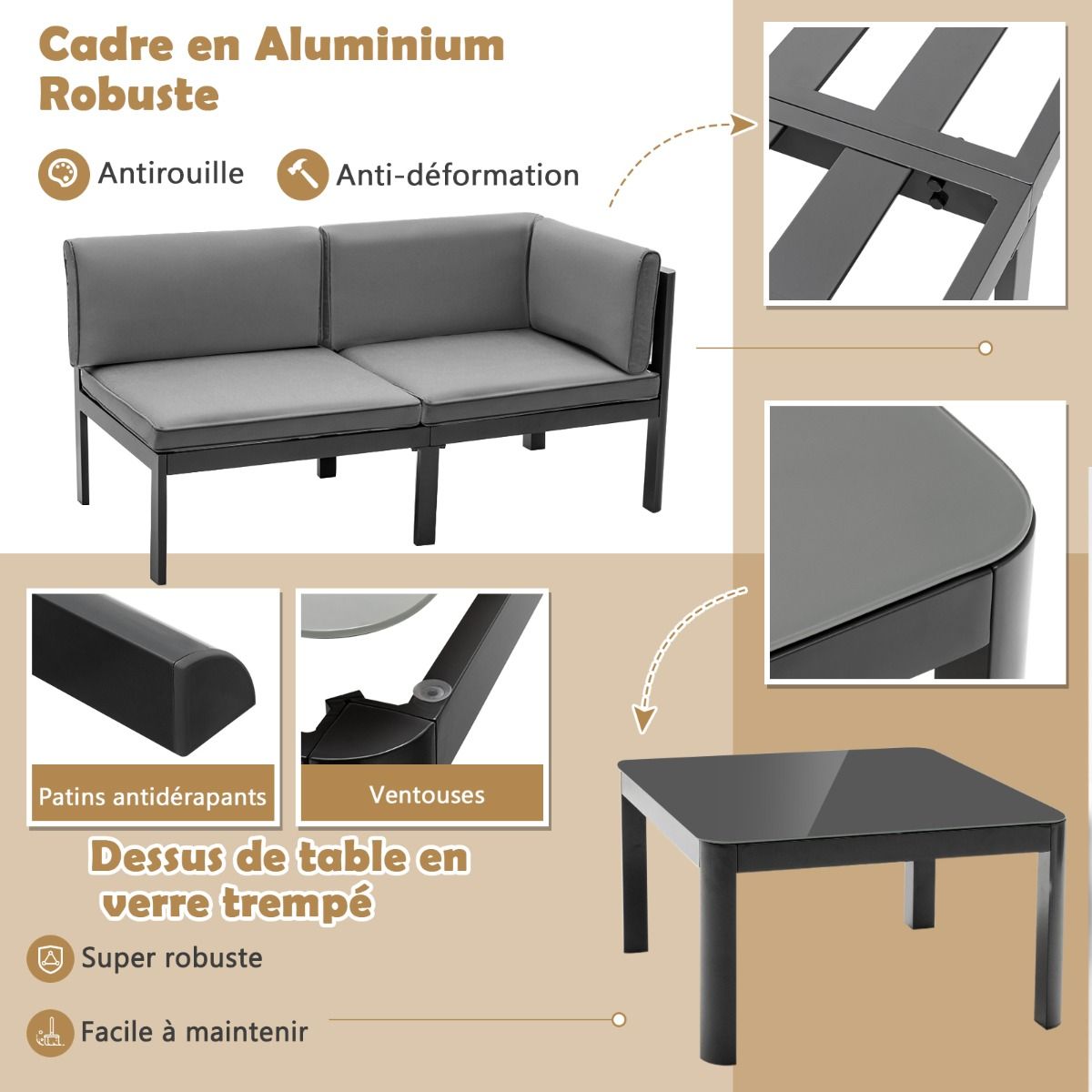 Salon de Jardin Extérieur avec Table Basse en Verre Trempé Canapéavec Dossier Inclinable à 6 Niveaux Coussins Inclus Gris - Lidl-Manfred