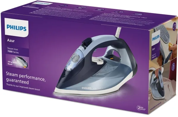 [OUTLET] - Philips Azur 7000 Series DST7020 - Dampstrygejern - såleplade: SteamGlide Plus - 2800 W - lyseblå/mørkeblå
