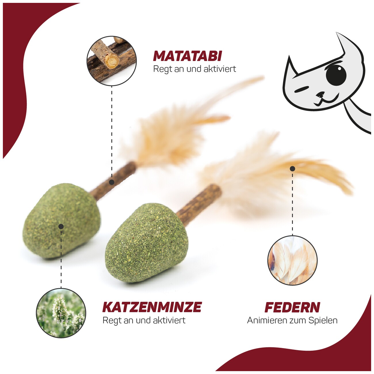 Canadian Cat Company Katzenminze Happen mit Matatabi Sticks & Feder 2 Stk