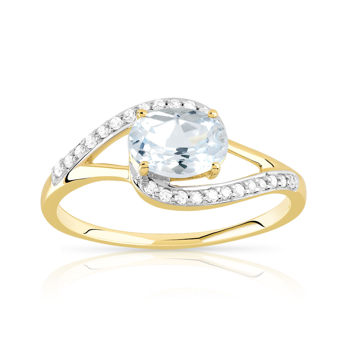 Bague or 375 2 tons ajourée topaze bleue traitée ovale et diamants