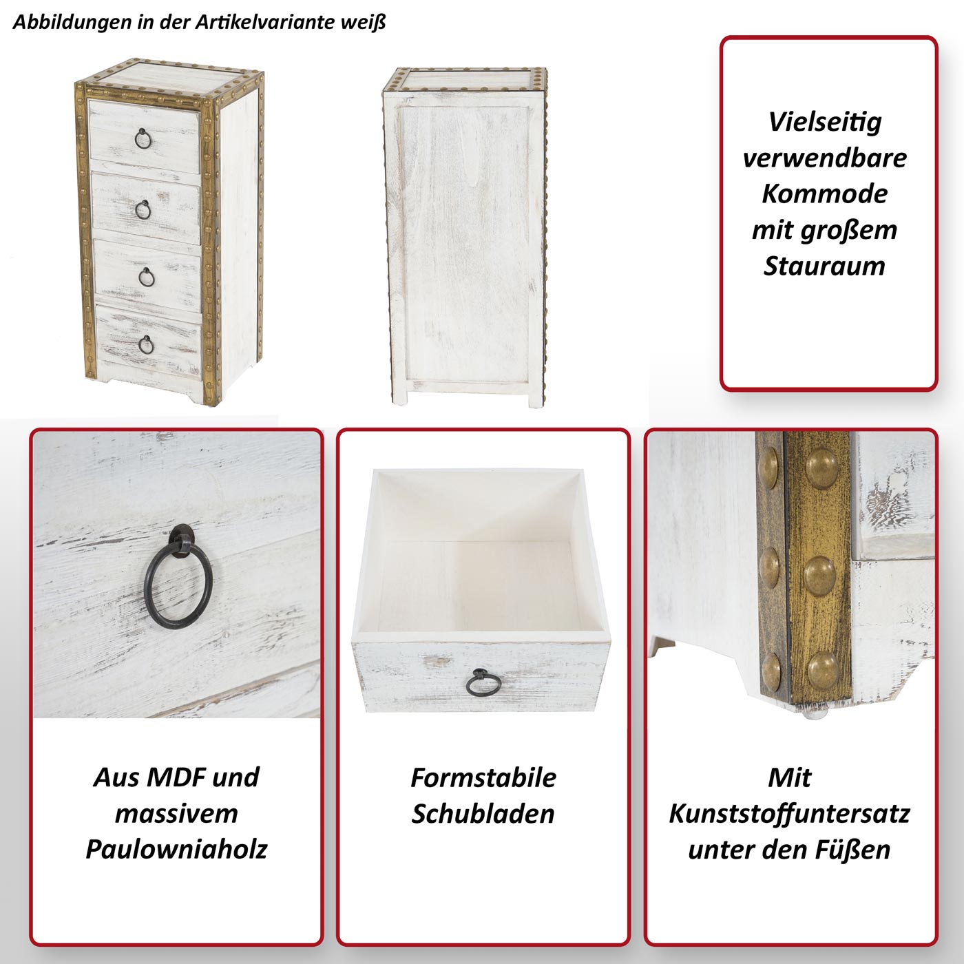 Kommode Ambato, Schubladenkommode Schrank, 4 Schubladen 70x33x26cm Shabby-Look Vintage ~ weiß
