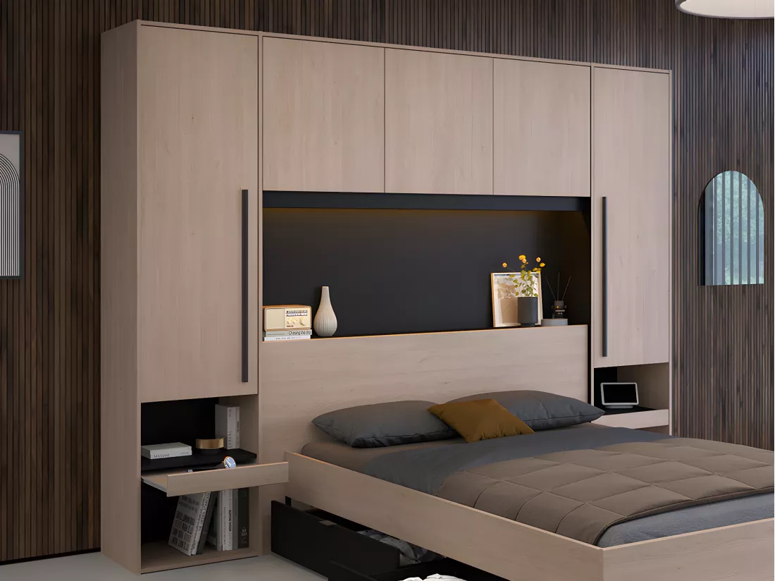 Lit pont 140 x 190 cm avec rangements - Avec LEDs - Coloris : Naturel et noir + Sommier + Matelas - VELONA