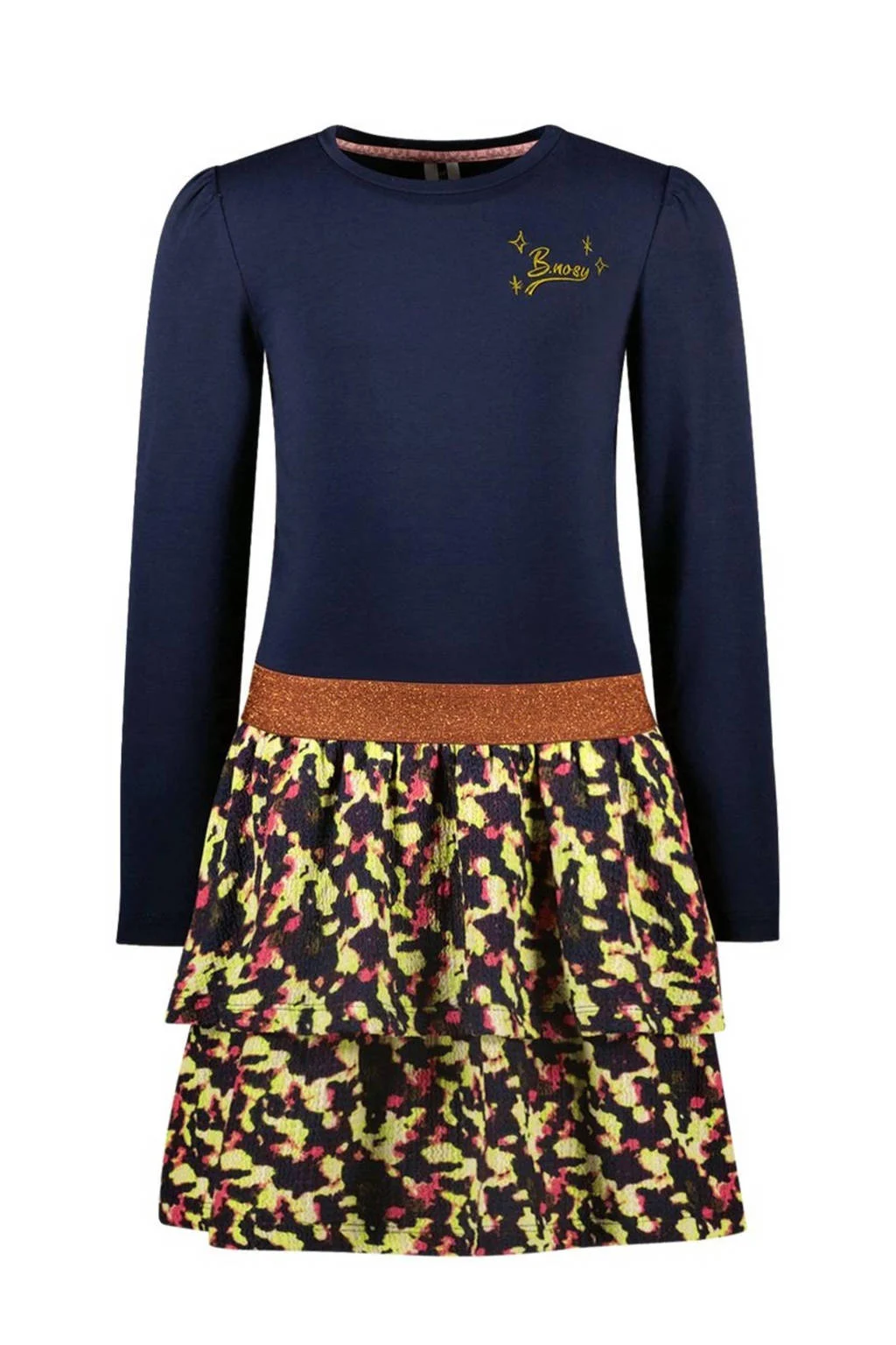 B.Nosy jurk Daphne met all over print donkerblauw/neongroen/felroze