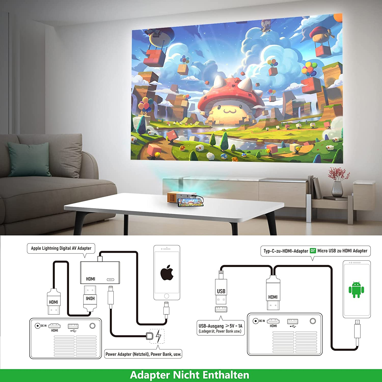 Mini Multimedia LED Projektor Beamer Heimkino für Kinder 1080p / HDMI / USB - Gelb