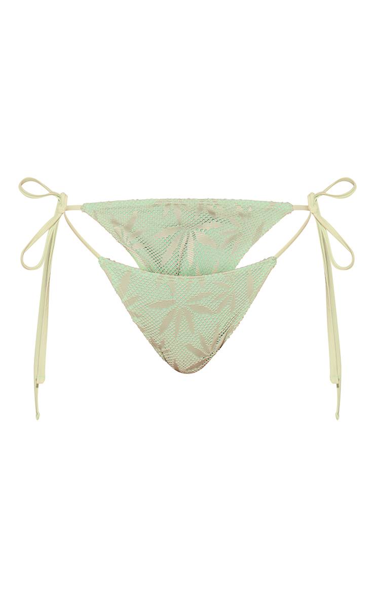 Vert Sauge Bas De Bikini À Liens Latéraux Avec Bordure De Perles Texturée