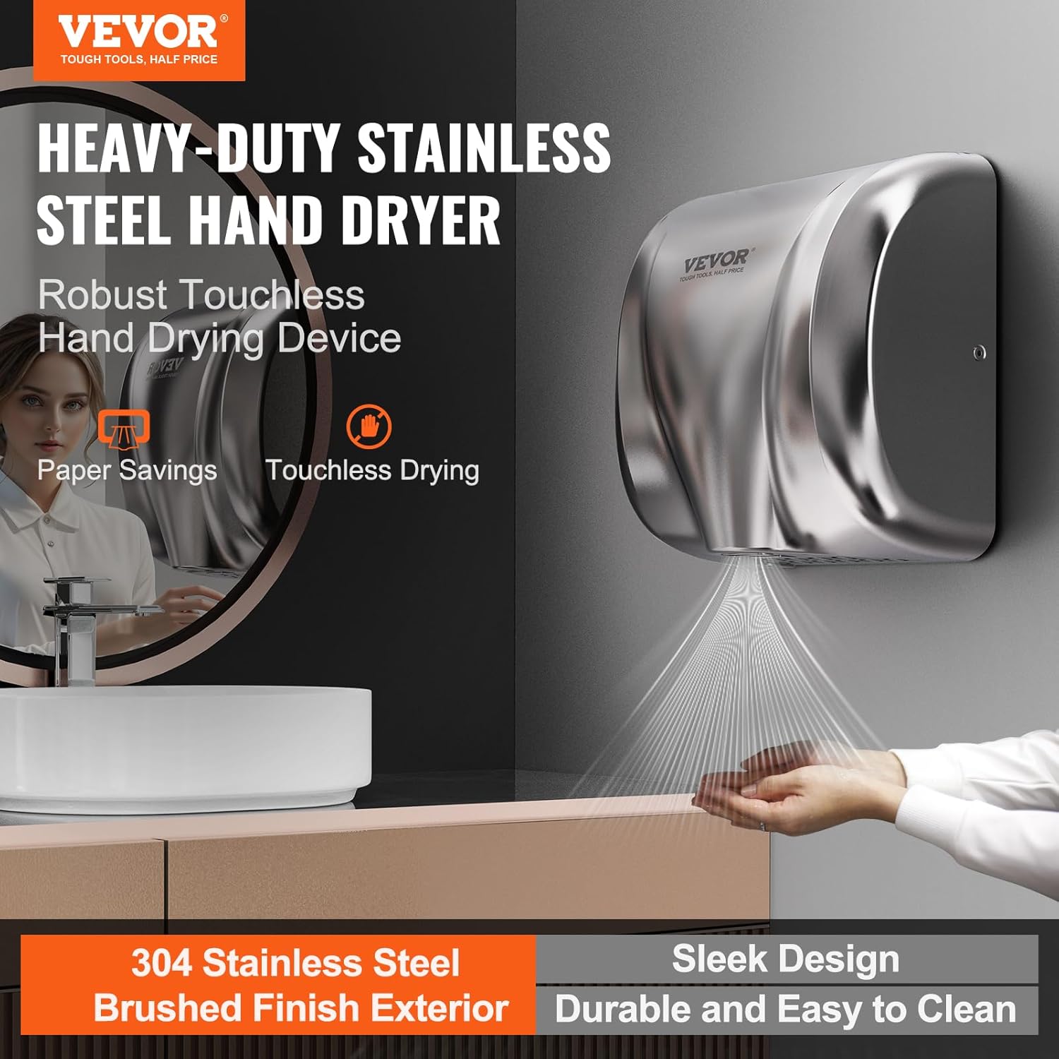 VEVOR Händetrockner 1300W Elektrischer Handtrockner 7-10s Trocknungszeit Kommerzieller Wandhandtrockner Handfön mit HEPA-Filter 99,97% Filtrationseffizienz Lufthandtrockner Küche Badezimmer Toilette