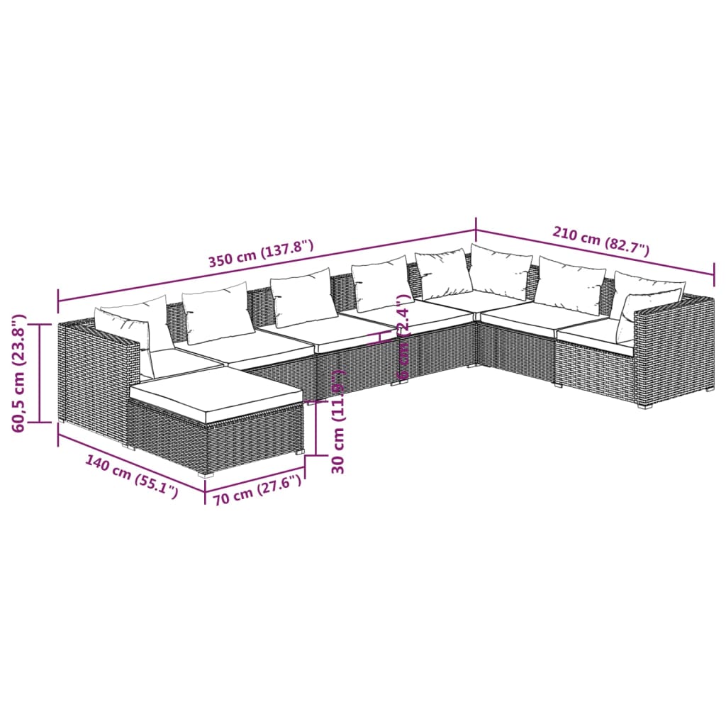 Salon de jardin meuble d'extérieur ensemble de mobilier 8 pièces avec coussins résine tressée gris