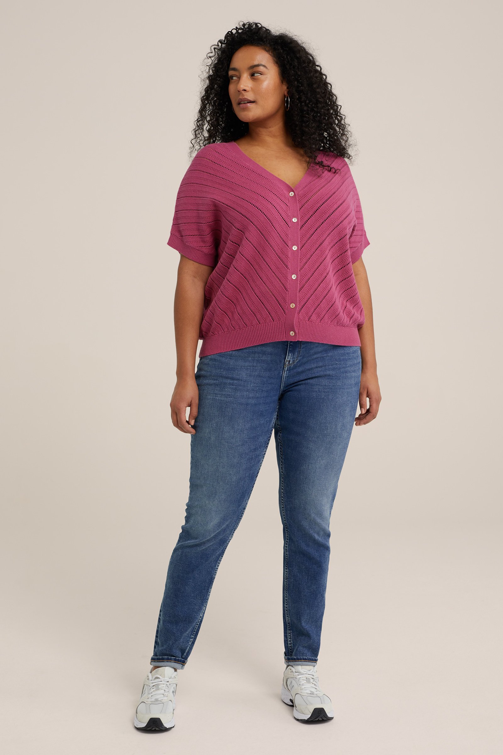 gebreid vest met opengewerkt dessin - Curve WE Fashion Oudroze