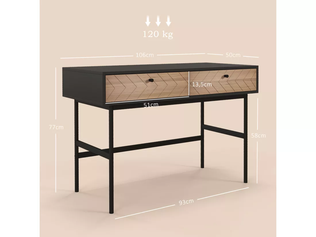 Bureau secrétaire style graphique - 2 tiroirs façades chevrons - acier noir aspect bois