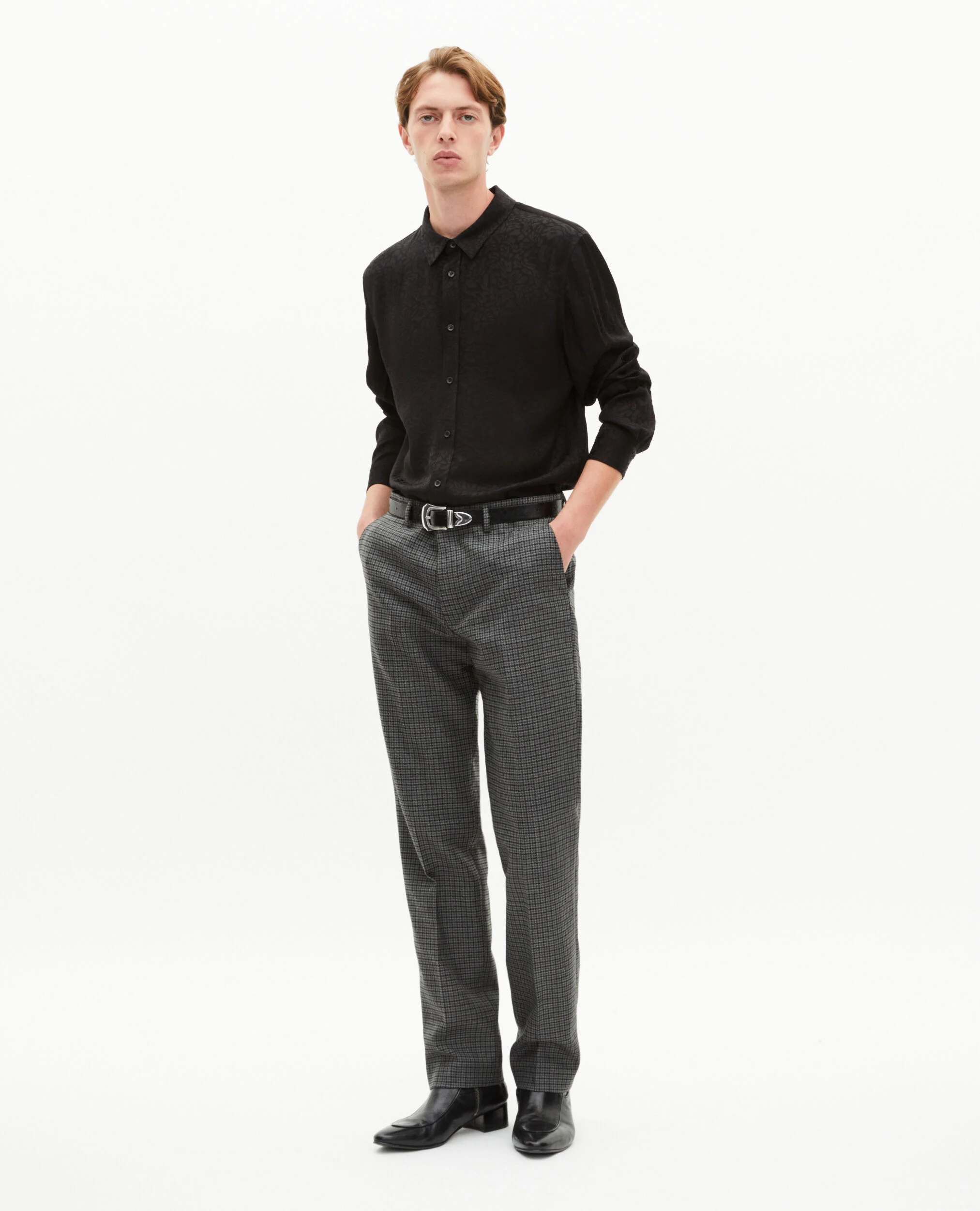 Pantalon de costume droit en pied de poule noir et gris