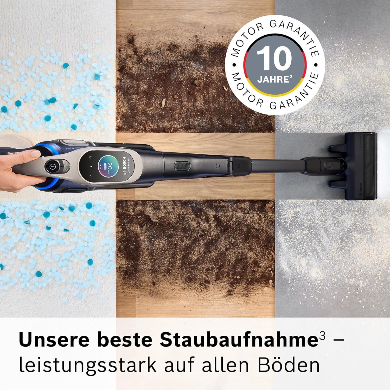 Bosch Akku-Staubsauger Unlimited 10 BKS1051GQC, kabellos, MicroClean Technology, TFT-Display, Staubkomprimierung, HEPA-Filtersystem, 10 J. Motorgarantie, 4 Ah Akku, LED-Licht, Schnellladegerät, grau