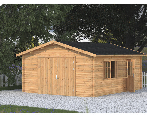 Palmako Roger vrijstaande garage, 23,9 m², met houten deur, 450 x 550 cm, bruin gegrond.