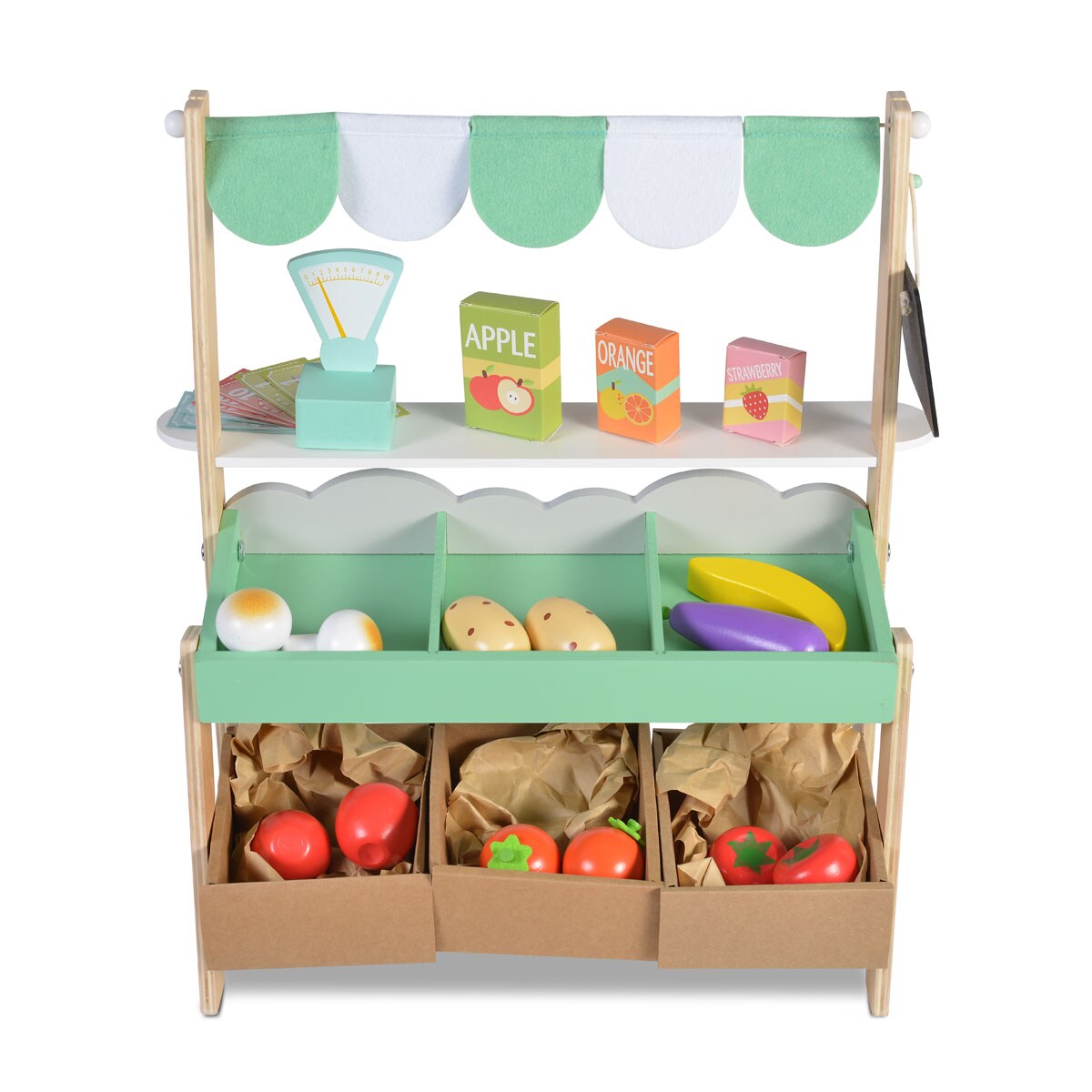 Moni Kinder Marktstand 4425 Holz 50cm hoch Supermarkt Lebensmittel Einkaufsliste grün