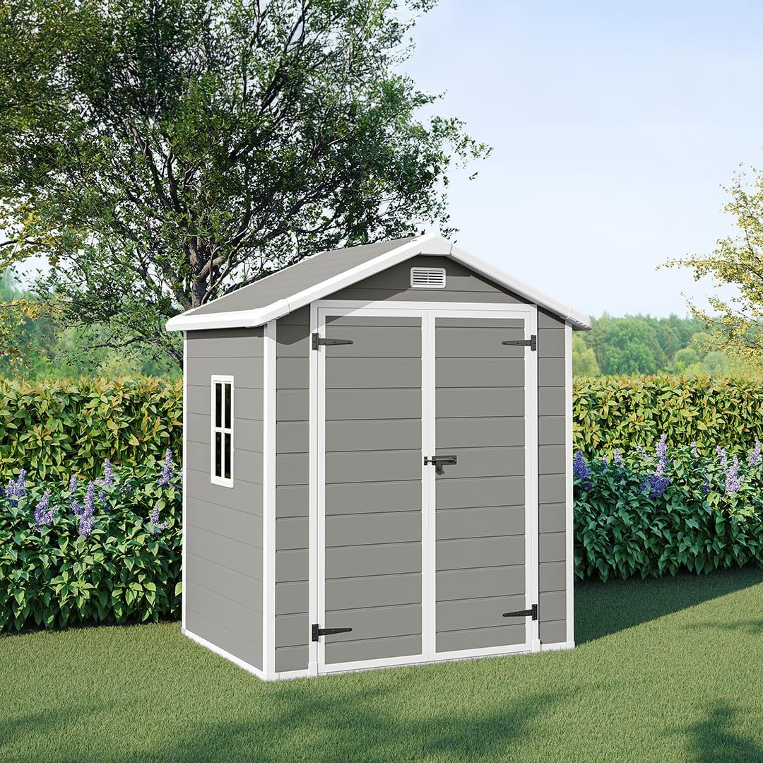 STEELSØN Novara Gerätehaus – Gartenschuppen mit Satteldach & Fenster – Gartenhaus 210x134x182 cm (HxTxB) – Geräteschuppen aus Kunststoff in Grau – Gartenhütte wetterfest & rostfrei – Schuppen