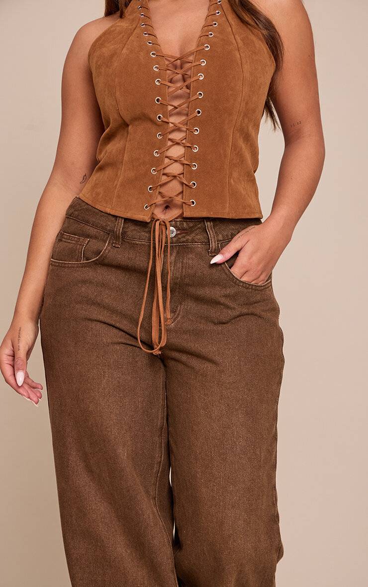 Chocolat Jean Denim Taille Basse Coupe Large Imprimé Jadore Délavé Shape