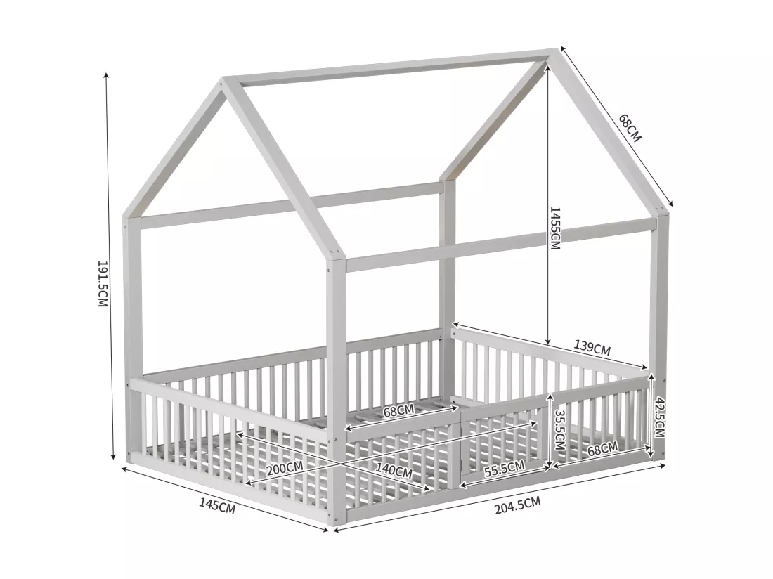 Lit cabane pour enfant ou bébé - 140 x 200 cm - barrières et porte - sommier à lattes inclus - bois blanc