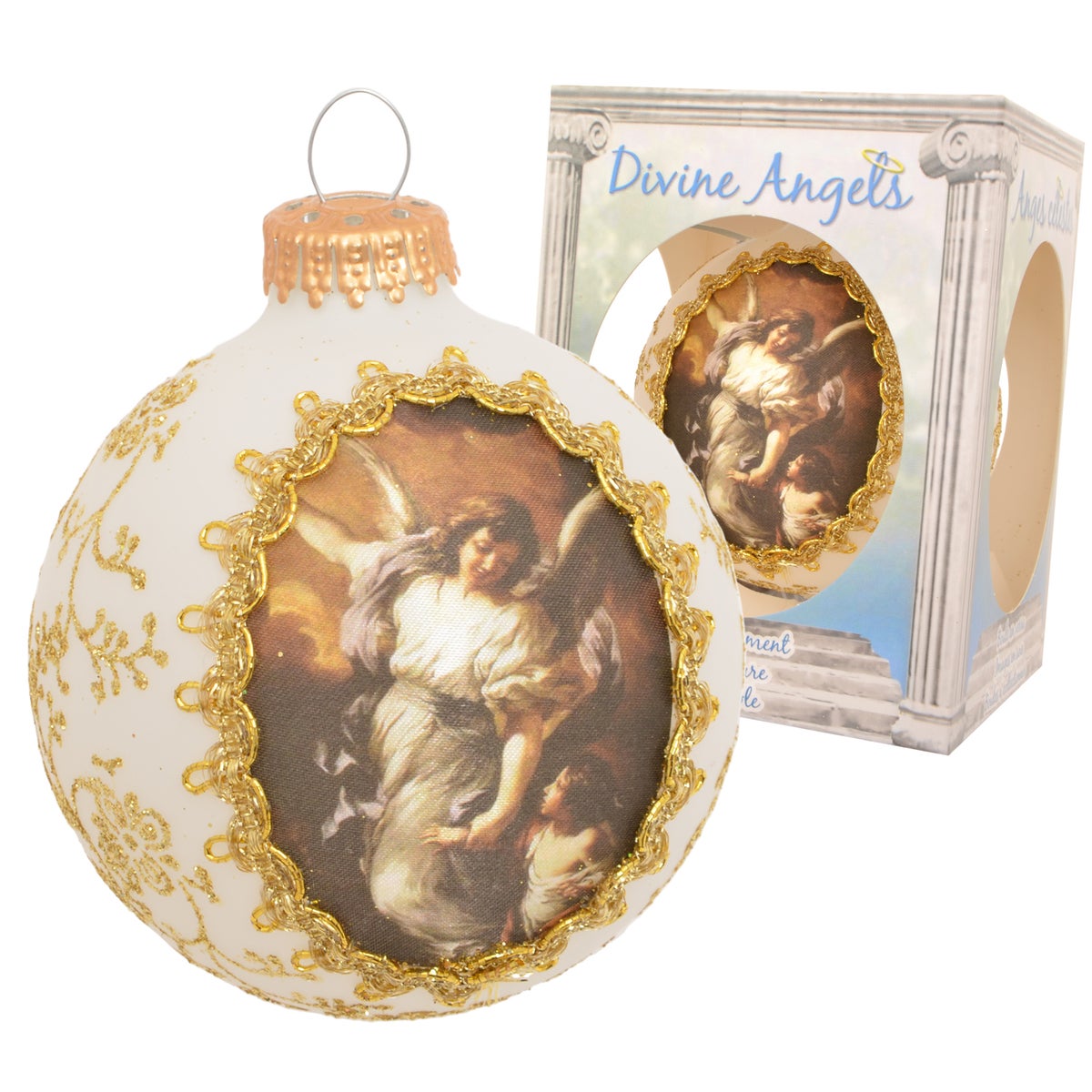 Frost 8cm zijden schilderijbal met engel en engelenkind, 1 st., Kerstboomballen, Kerstboomversiering, Kerstboomornamenten