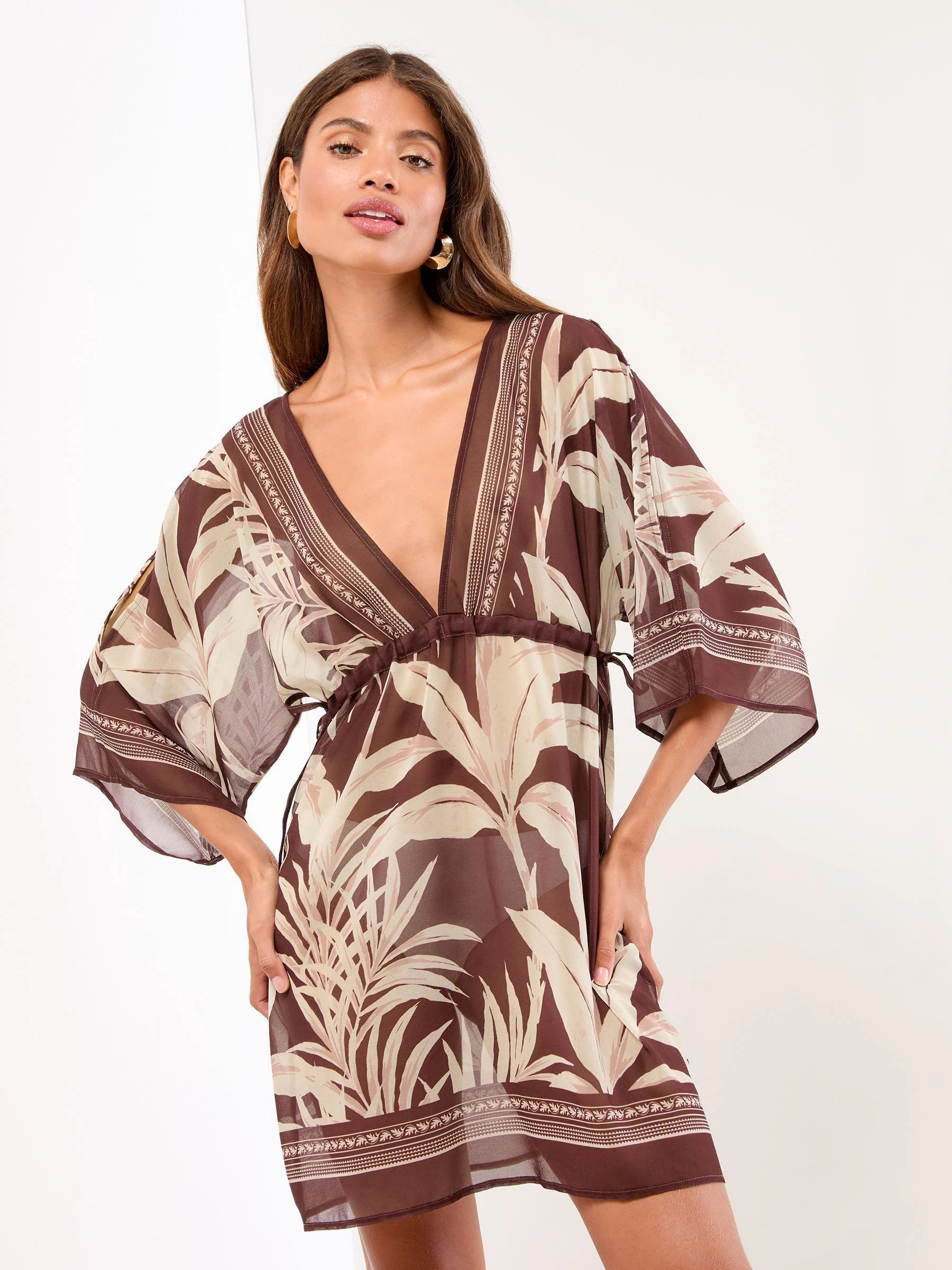 Bruin met palmbladprint - Lipsy Printed Mini Kaftan