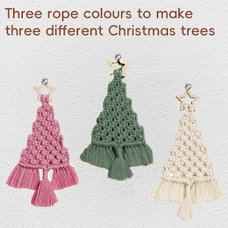 (6-tlg. Set) DIY Makramee Weihnachtsbaum Anhänger Boho Deko Garn Bastel Zubehör inkl. Holz Stern - Pink / Grün / Beige