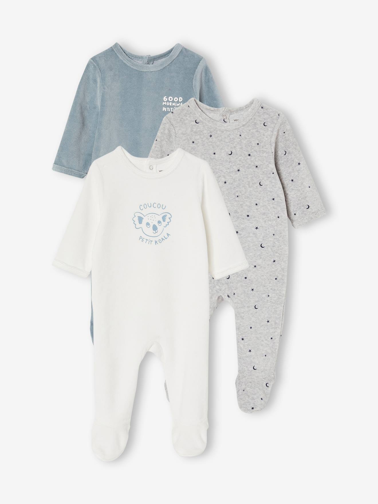 Conjunto de 3 pijamas de veludo com abertura nas costas, para bebê, rosa escuro, bicolor/multicolorido