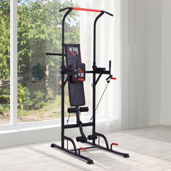 Estação de musculação multifuncional torre de treinamento com altura ajustável com banco dobrável barra de elevação para fitness 220x98x181-229cm preto - A91-111