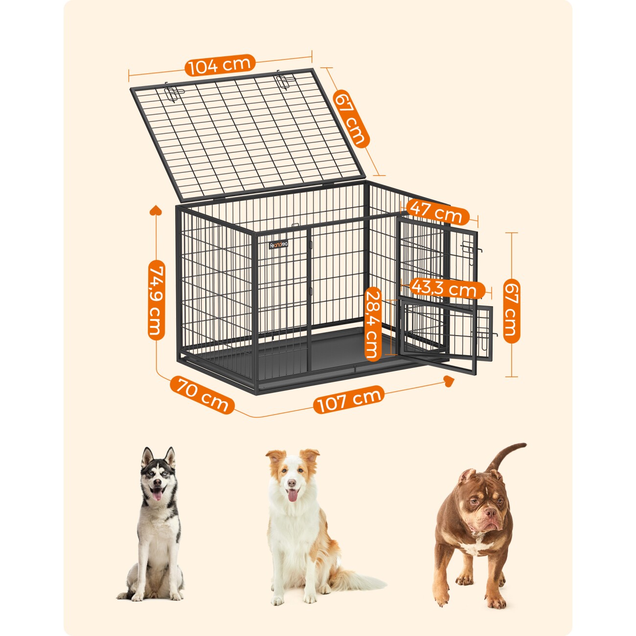 FEANDREA L-XXXL Hundekäfig hochbelastbar 1,07 m, 70 cm, 75 cm
