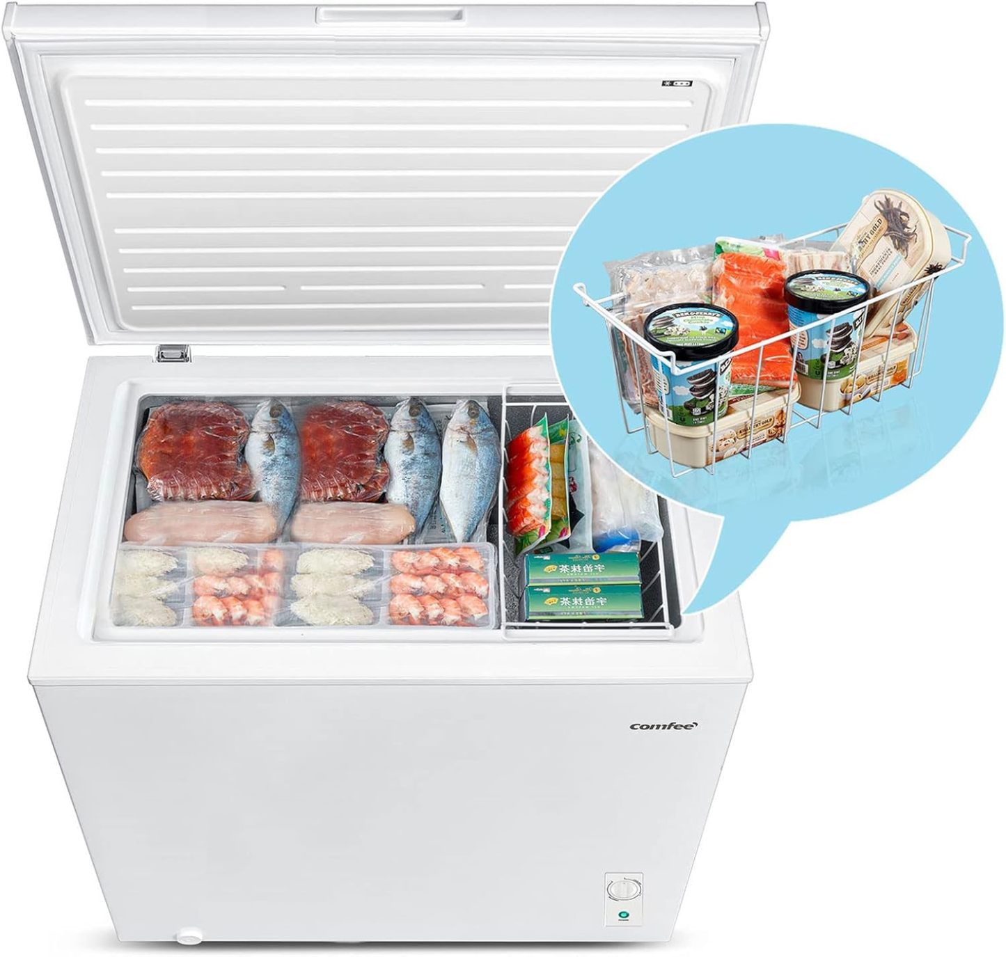 Comfee RCC100WH2(E) Gefriertruhe/169 kWh/Jahr/85cm hoch/99L/38dB/Geringe Lautstärke/Hoch effizientesD-förmigesRohr/Geeignet für verschiedene Einsatzszenarien/Einstellbarer Temperaturregler/Weiß