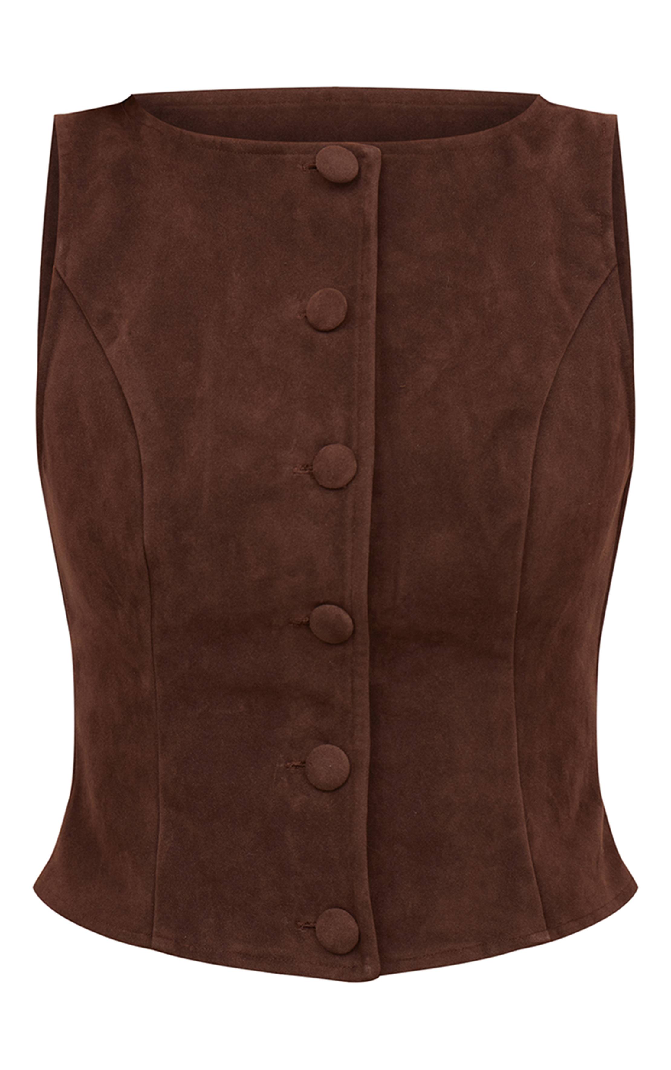 Marron Foncé Ensemble Coordonné Gilet Boutonné En Synthétique