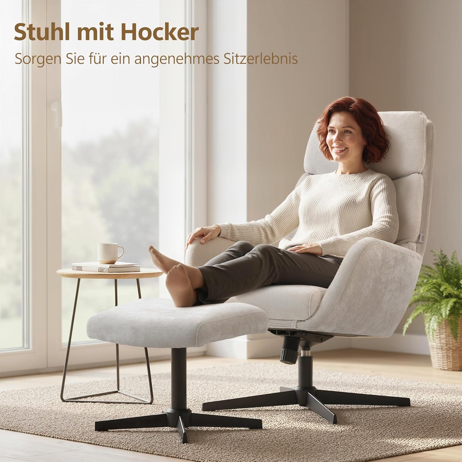 HOMCOM Relaxsessel mit Hocker, Sessel mit hoher Rückenlehne, Loungesessel mit Wippfunktion Leinenoptik Metallsockel, Polstersessel für Wohnzimmer, Schlafzimmer, Beige
