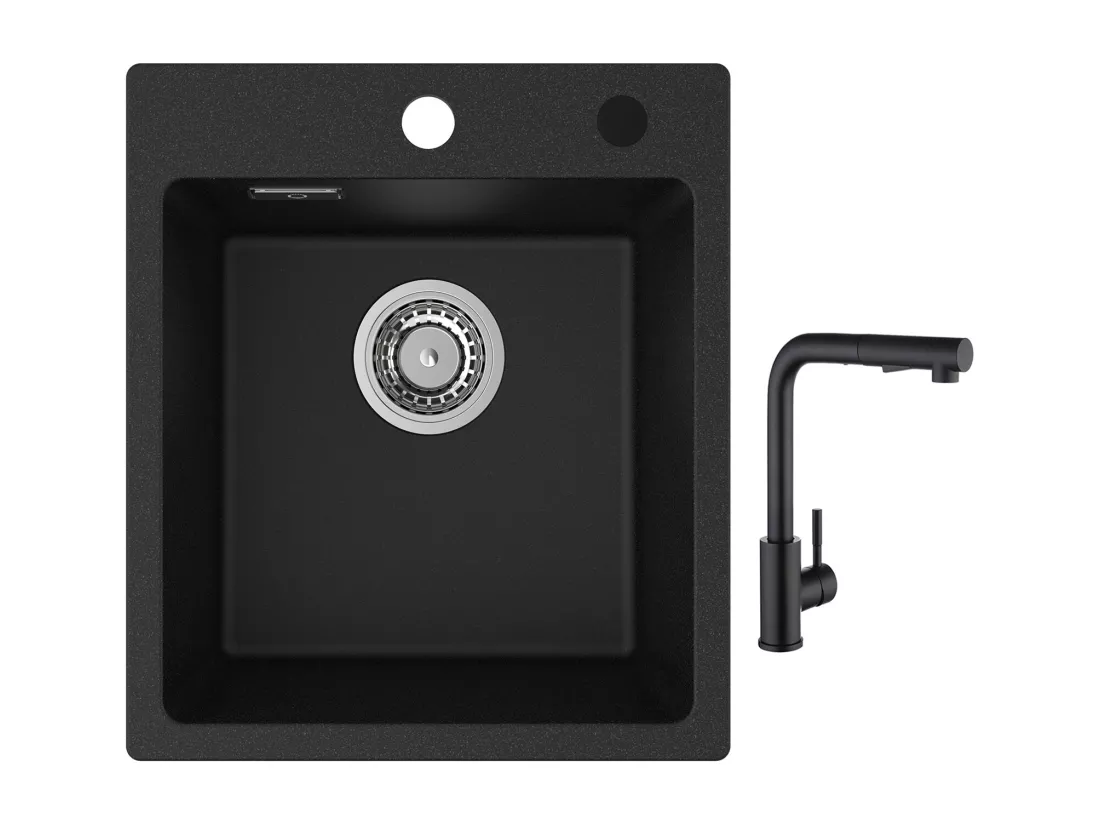 Cecipa max 40x45cm Evier de Cuisine en Quartz et Résine Evier Quartz 1 Bac Noir + Noir Mitigeur avec Douchette Extractible 2 Modes de pulvérisat