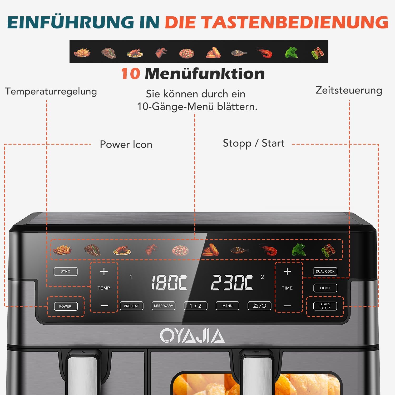 Airfryer Dual Basket 10L 2 Körbe 2 Gerichte Gleichzeitig Fertig Weniger Fett Energieeffizient Einfache Reinigung Airfryer - Digitaler Touchscreen Beleuchtetes Sichtfenster Silber&Schwarz