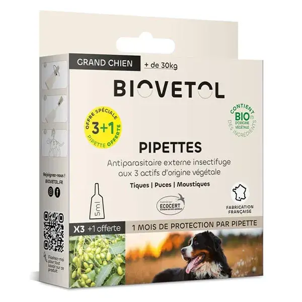 Biovetol - Antiparasitário - Pipetas Orgânicas para Cães de Grande Porte - 5ml (x3+1)