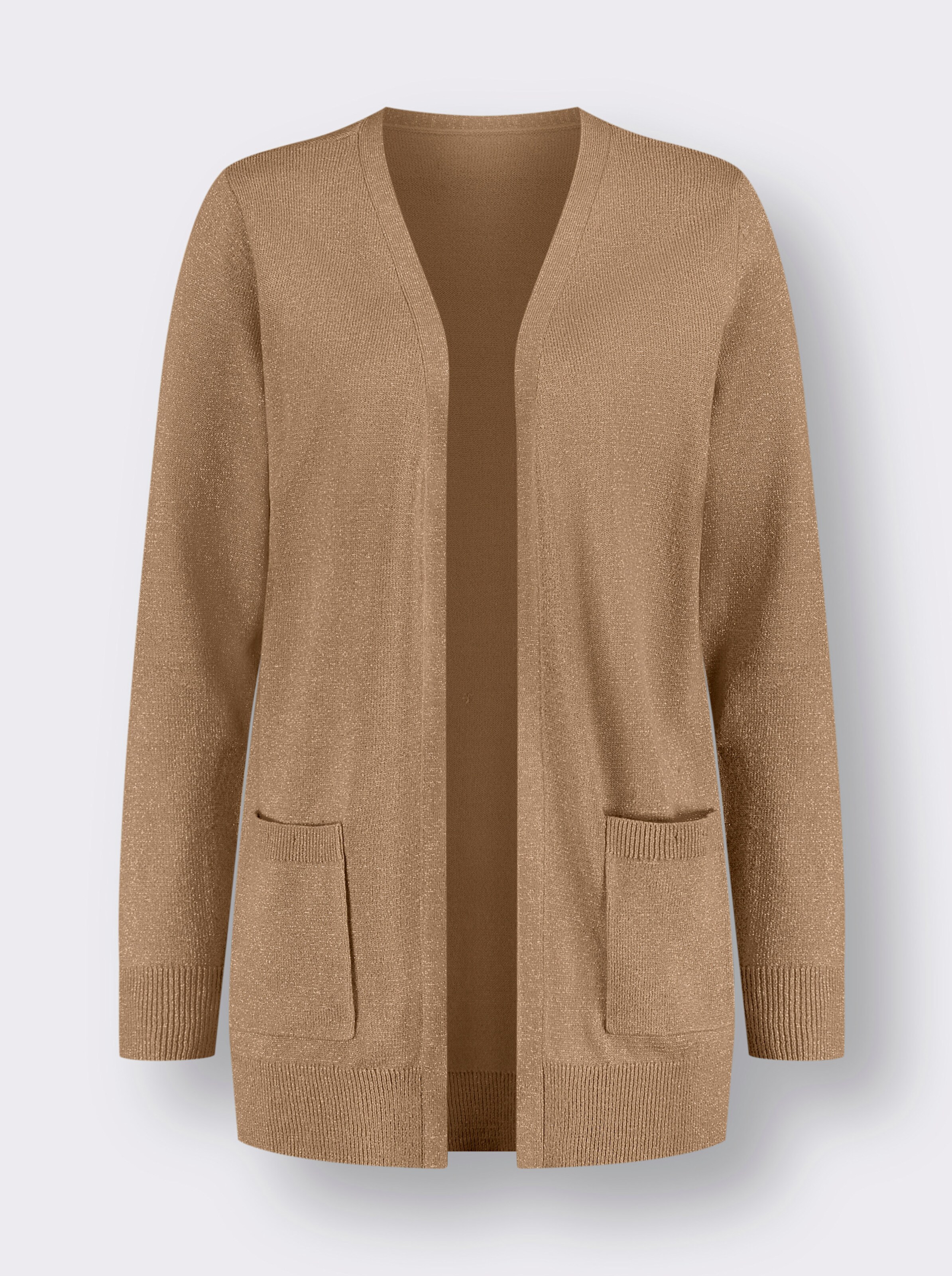 Longstrickjacke mit goldfarbenem Glanzgarn