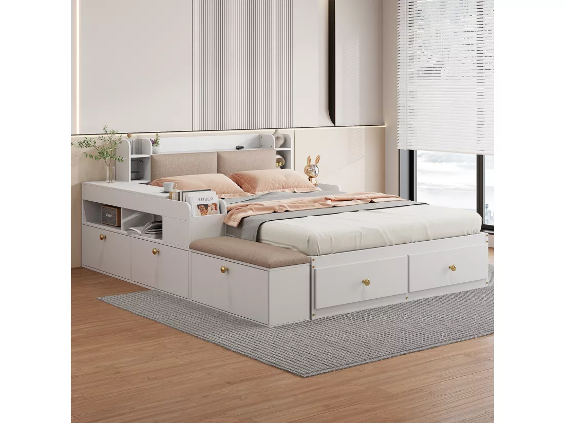 Lit Combiné en Bois Massif - 140x200cm - Tête de lit avec rangement - avec Tiroirs, Table de nuit, Banquette de canapé