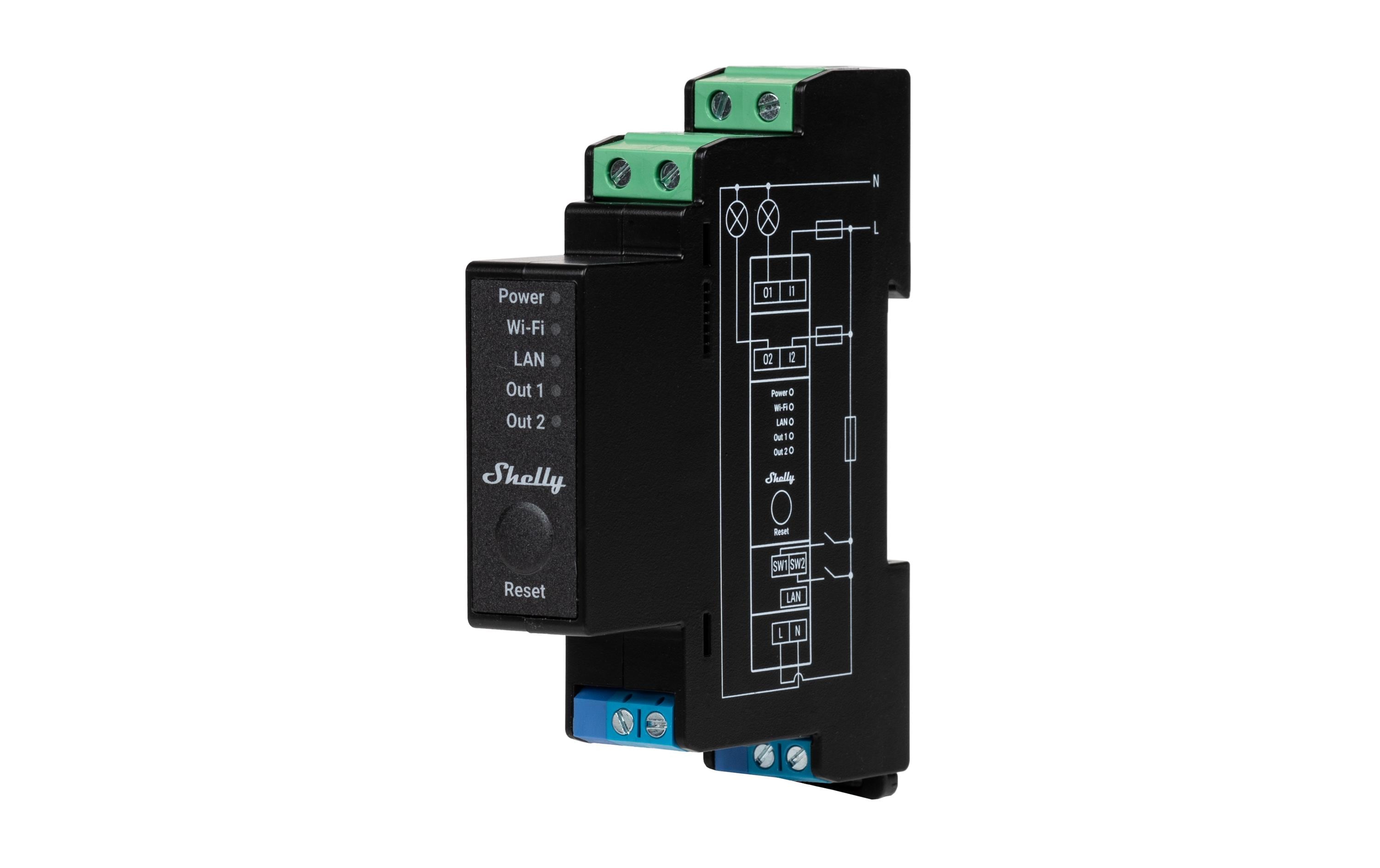 WLAN-Schaltaktor Shelly Pro 2PM mit LeistungsmessungDIN-Rail-WiFi-Switch mit Leistungsmessung, IP-Relais mit Shelly Pro AddOn Schnittstelle