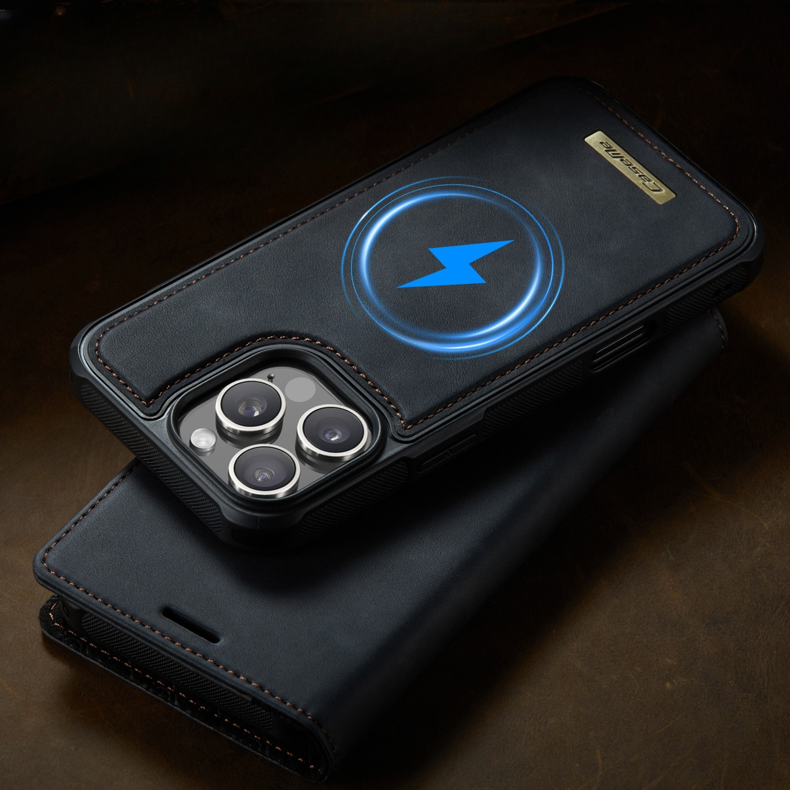 iPhone 15 Pro 2in1 MagSafe Leder Tasche   Magnet Hardcase Karten Etui (RFID Schutz) - Schwarz