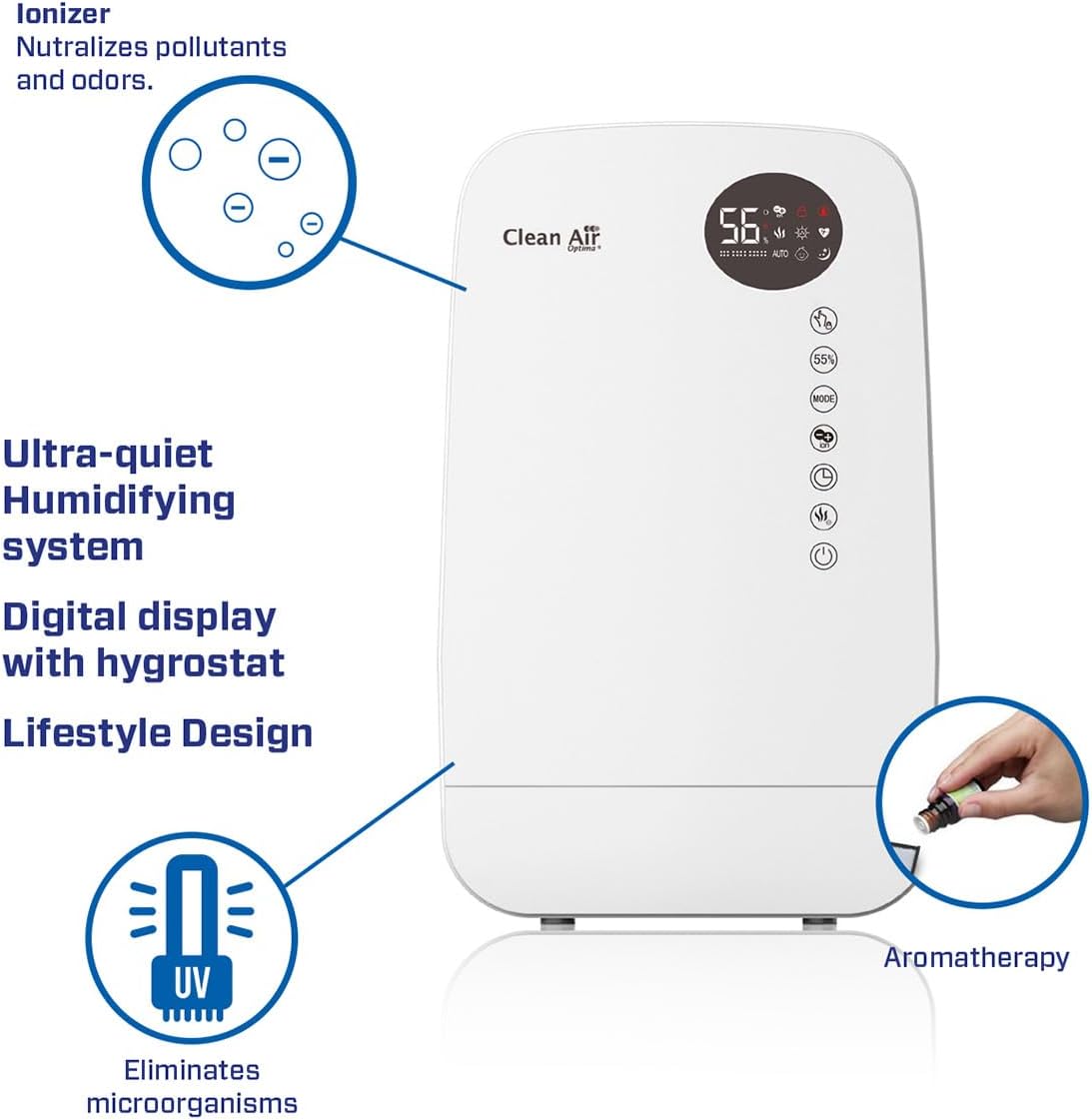 Luftbefeuchter mit Ionisator und Aromatherapie - Clean Air Optima CA-607W Smart - Befeuchtungsleistung max. 480 ml/h - Wassertankinhalt 5,5 Liter - Geeignet für Räume bis 65m²/160 m³