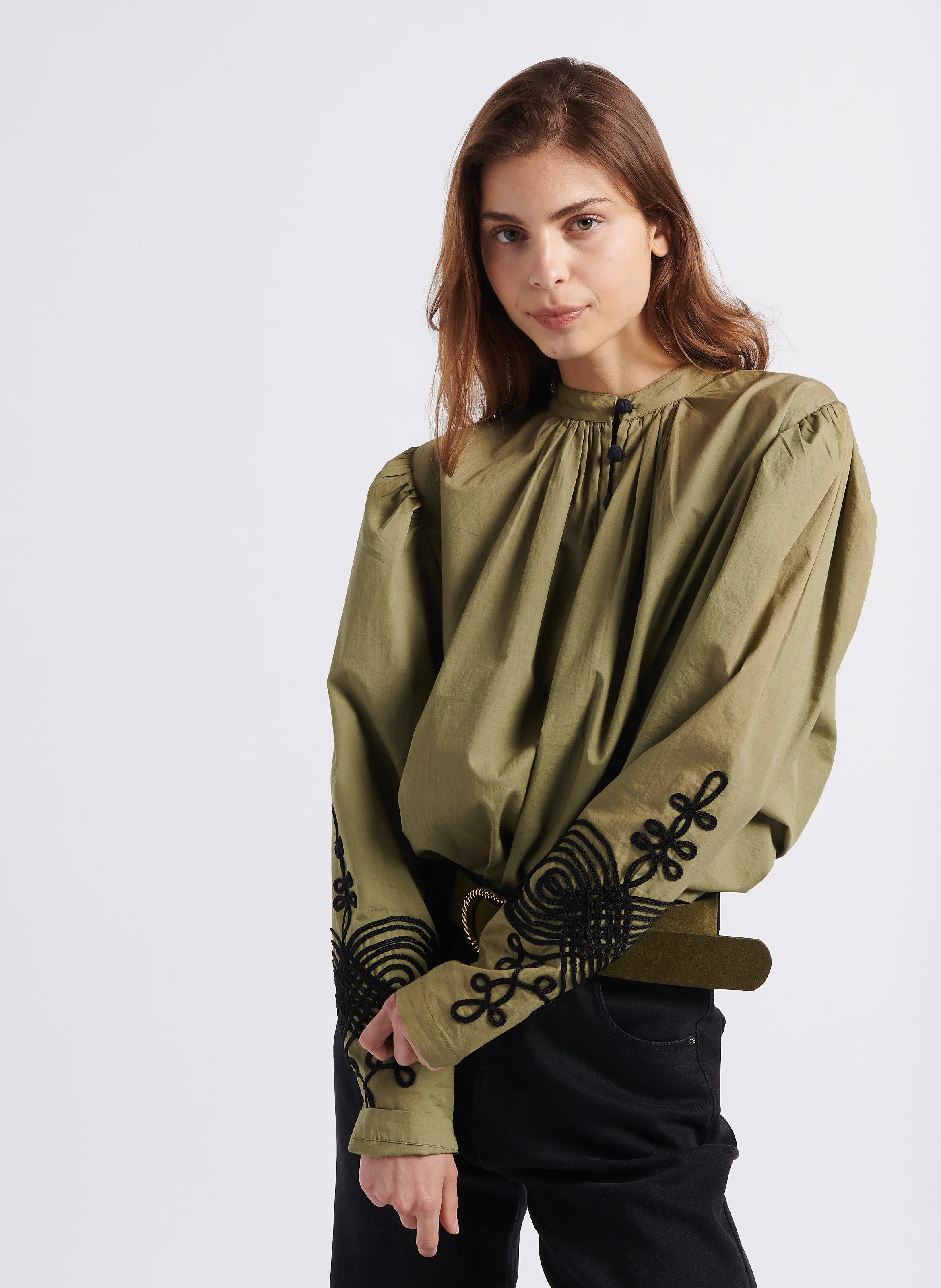 EGO - Blouse ample col rond brodée en coton| Kaki